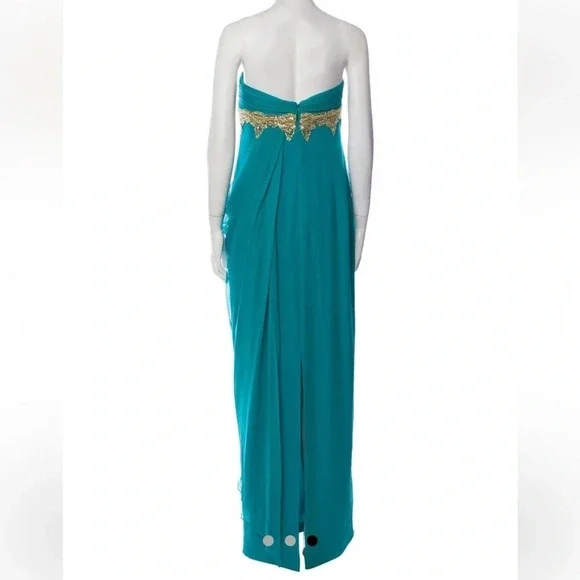 Marchesa Teal Strapless pleated and draped silk Dress with Gold beaded accent. - Picture 11 of 13